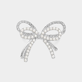 Pearl Stone Paved Bow Pin Brooch